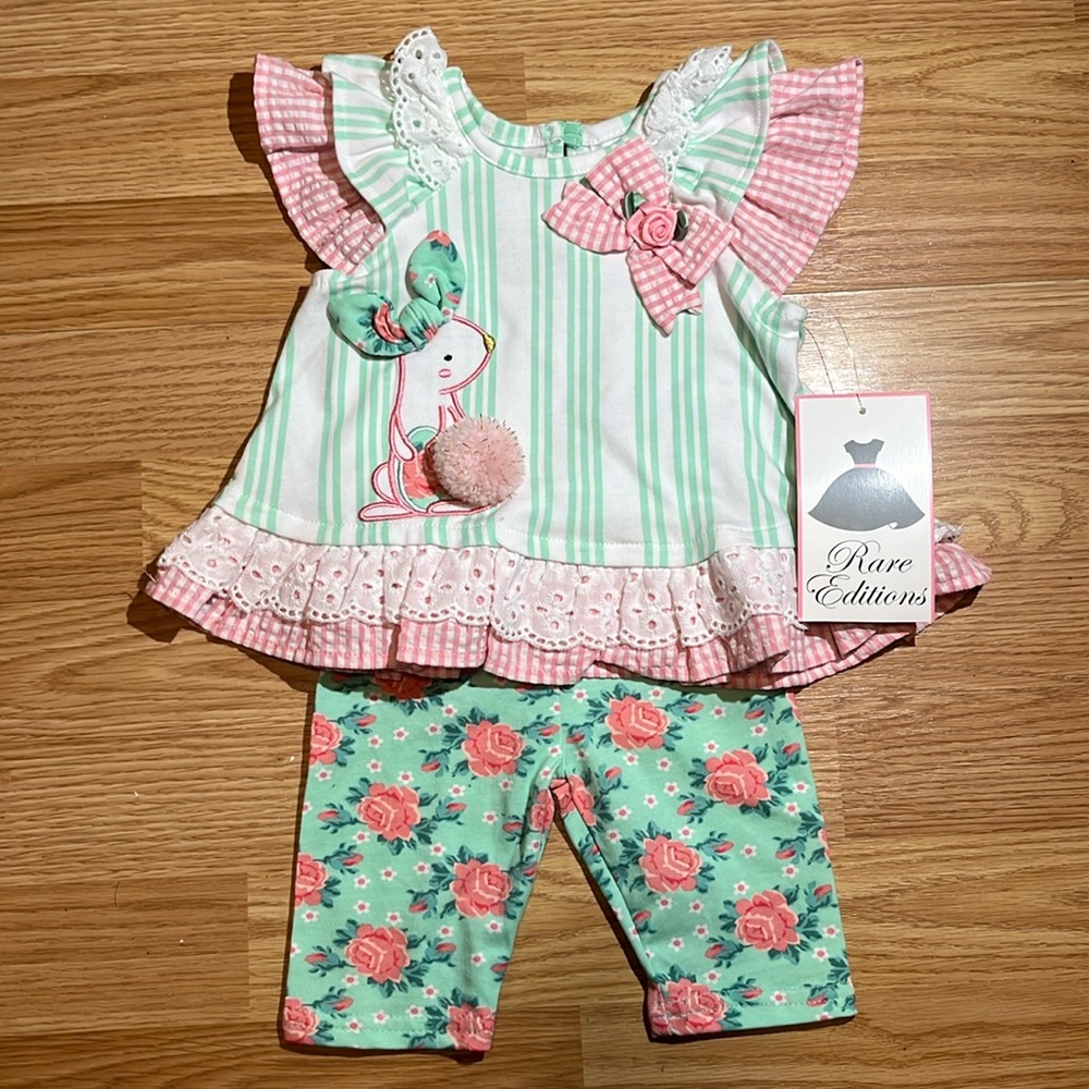 NWT bunny outfit 3-6 mo. Pink/green/white